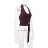 Women Summer Halter Neck Deep V Neck Wrap Front Buckle Tie Sleeveless Slim Fit Crop Tank Top