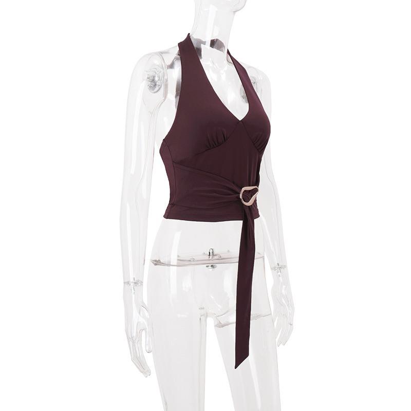 Women Summer Halter Neck Deep V Neck Wrap Front Buckle Tie Sleeveless Slim Fit Crop Tank Top