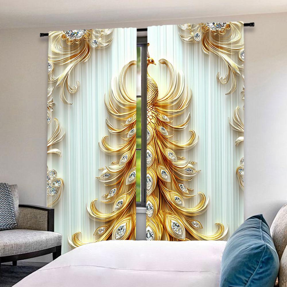 2Pcs Beautiful Golden Peacock Printed Curtains Design Suitable For Bedroom Kitchen Dining Room Living Room Study Office Bathroom