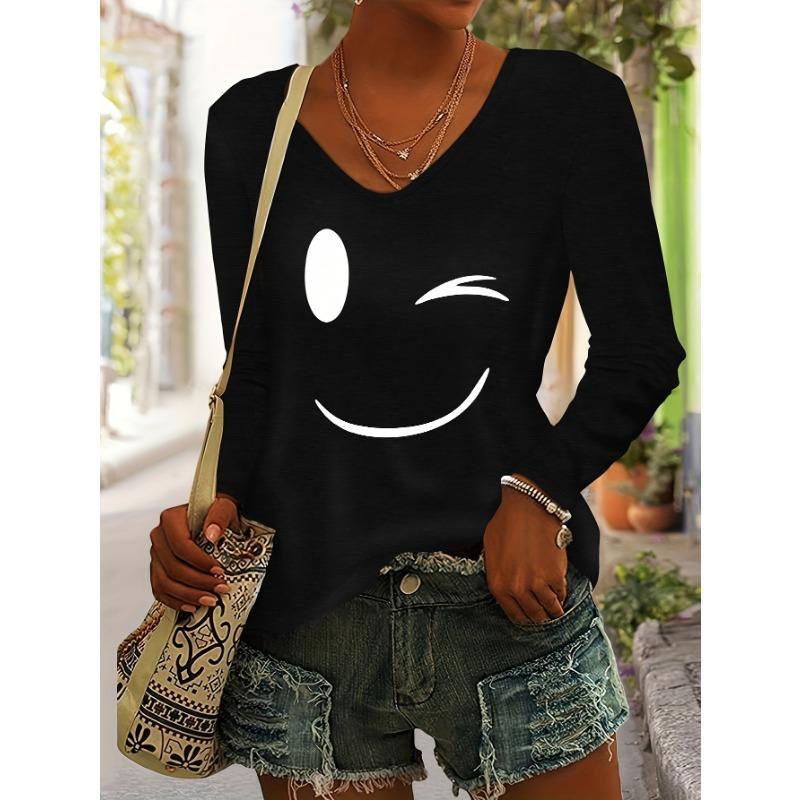 Smiling Face Women's Autumn,Winter Casual European,American Style Graphic Print T-Shirt