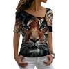 Sommer Neues Tiger Muster 3D Gedrucktes Damen Schräghals Slim Fit Kurzarm T-Shirt