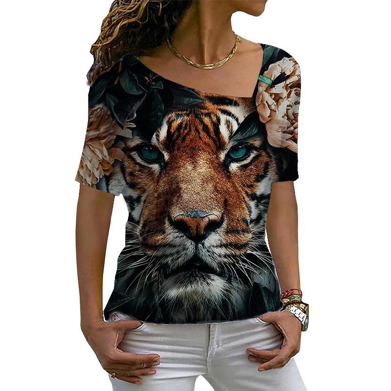 Sommer Neues Tiger Muster 3D Gedrucktes Damen Schräghals Slim Fit Kurzarm T-Shirt