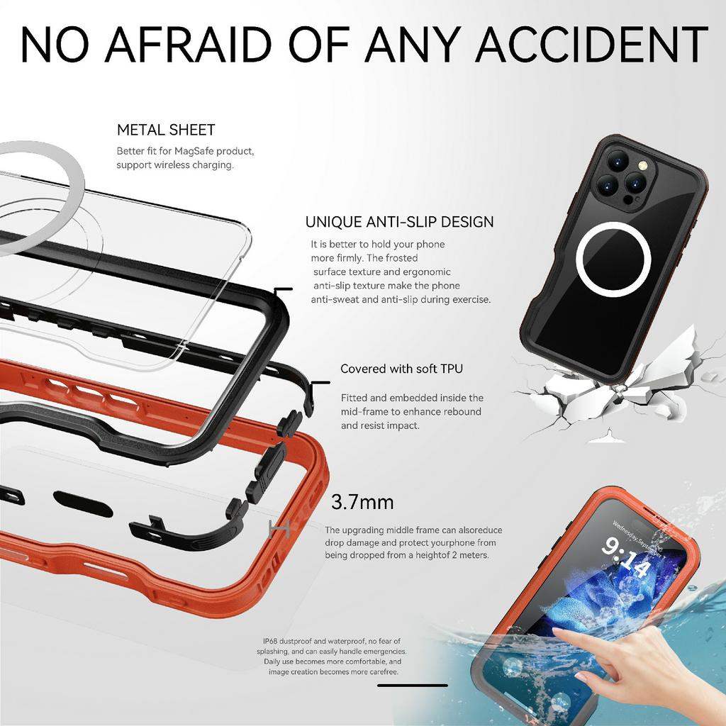 REDPEPPER D-UP Series For iPhone 16 Pro Case IP68 Waterproof Clear Back Panel Phone Cover Compatible with MagSafe