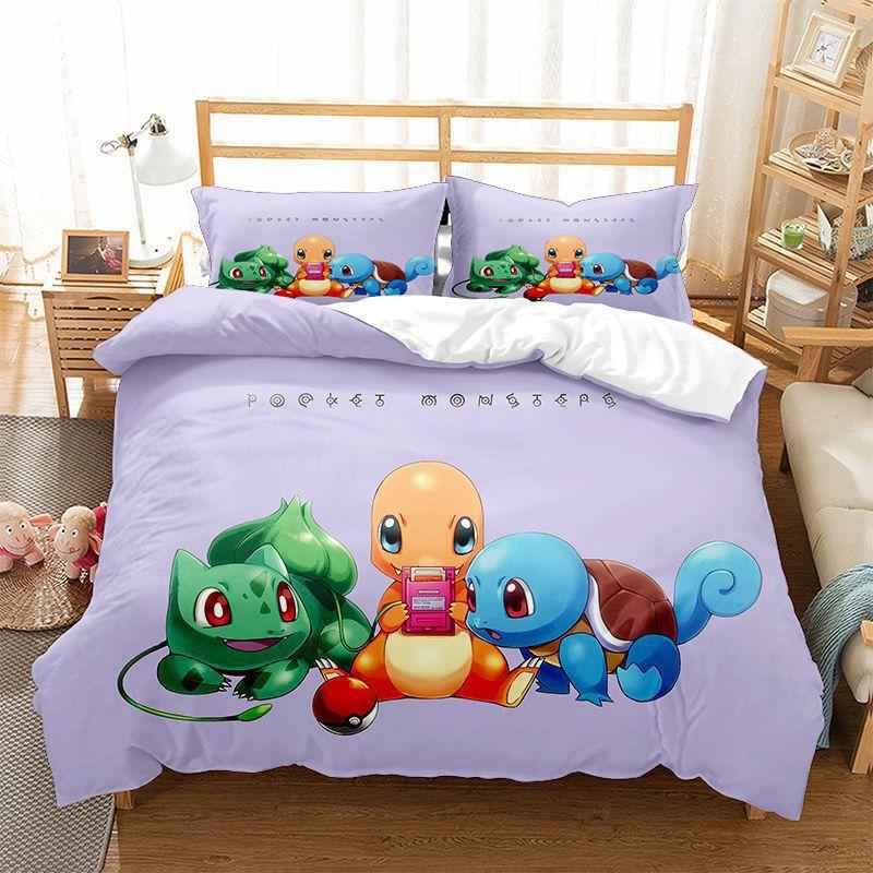 Pokemons Cartoon Anime Bedding Set Kawaii Pikachu Gengar Eevee Charizard Quilt Duvet Cover Pillowcase Kid Bed Set Twin King Size
