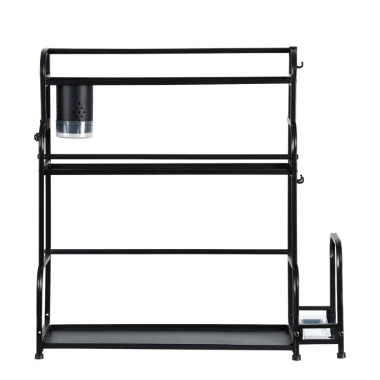 Standing Spice Rack, 3-Tier Kitchen Countertop Shelf with Stepped Design, Spice Rack Organizer and Hooks, Utensil Holder, Chopping Board Holder, Black
