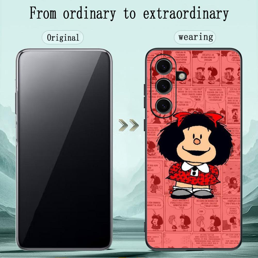 Cute Mafalda Girl Fashion Pattern Phone Case For Samsung Galaxy S25 S24 S23 S22 S21 S20 Plus Ultra Note20 Soft Black