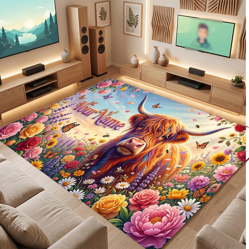 Highland Cow Theme Soft Crystal Velvet Rug Custom Name & Text Print Non Slip Floor Rug for Bedroom Living Room