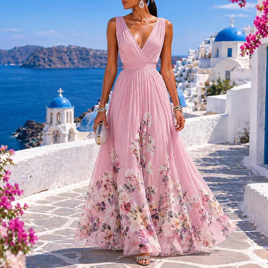 Sleeveless V Neck Chiffon Dress with Waist Cinch Gradient Floral Print Vacation Maxi Dress for Women