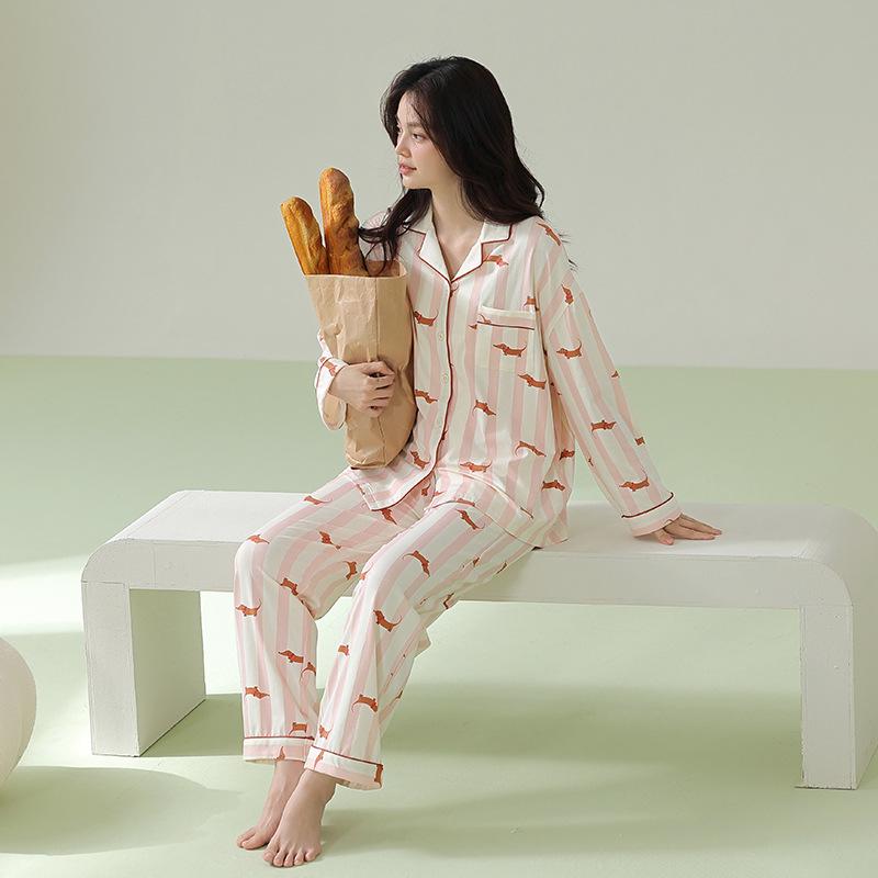 

Women s Antibacterial Xinjiang Cotton Long Sleeve Pajama Set - Dachshund Design with Cotton Lace-up, Perfect for Spring and Autumn. M