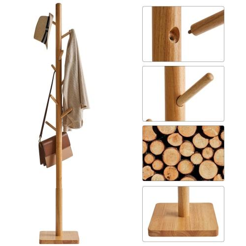 YMYNY Wooden Rubberwood Pole Hanger with Stable Square Base, Three Height Adjustments, 8 Hooks, Easy Assembly, Compact Design for Hats, Bags, and Clot