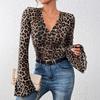 2026 New Spring and Autumn V-neck Leopard Print Women's Blouse Slim Fit Flared Long Sleeve Office Shirts Casual T-shirt Elegant Sexy Tops