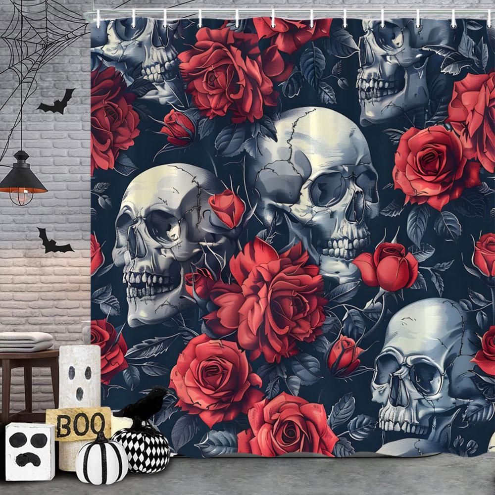 Spooky Horror Halloween Skeleton Crow Shower Curtain Black Bat Black Cat Polyester Fabric Bath Curtain Bathroom Decor With Hoo