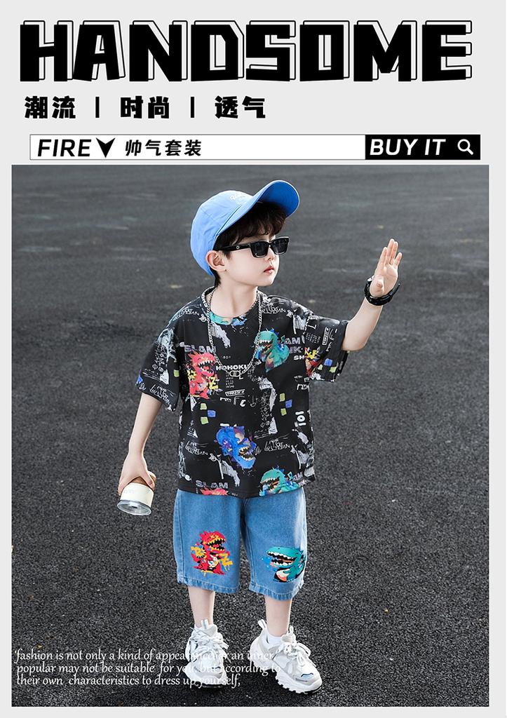 Boys' Summer Set 2026 New Style Rascal Trendy Children's Dinosaur Short sleeved T-shirt Men's Treasure Summer Half sleeved Clothes