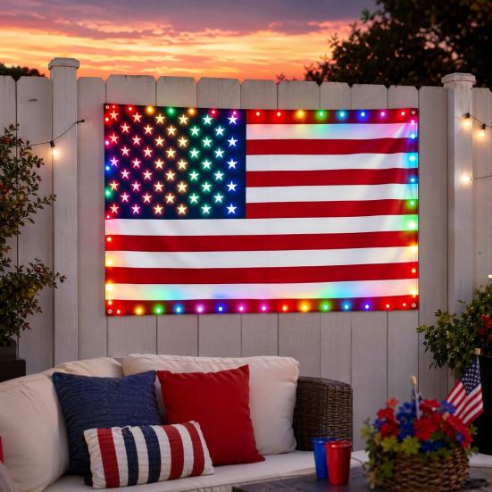 Flaga Amerykańska LED, 3x5 FT Wodoodporna Zewnętrzna Patriotyczna Flaga z Wielokolorowymi Lampkami LED na 4 Lipca, Dzień Pamięci, Dzień Weteranów Dekoracje