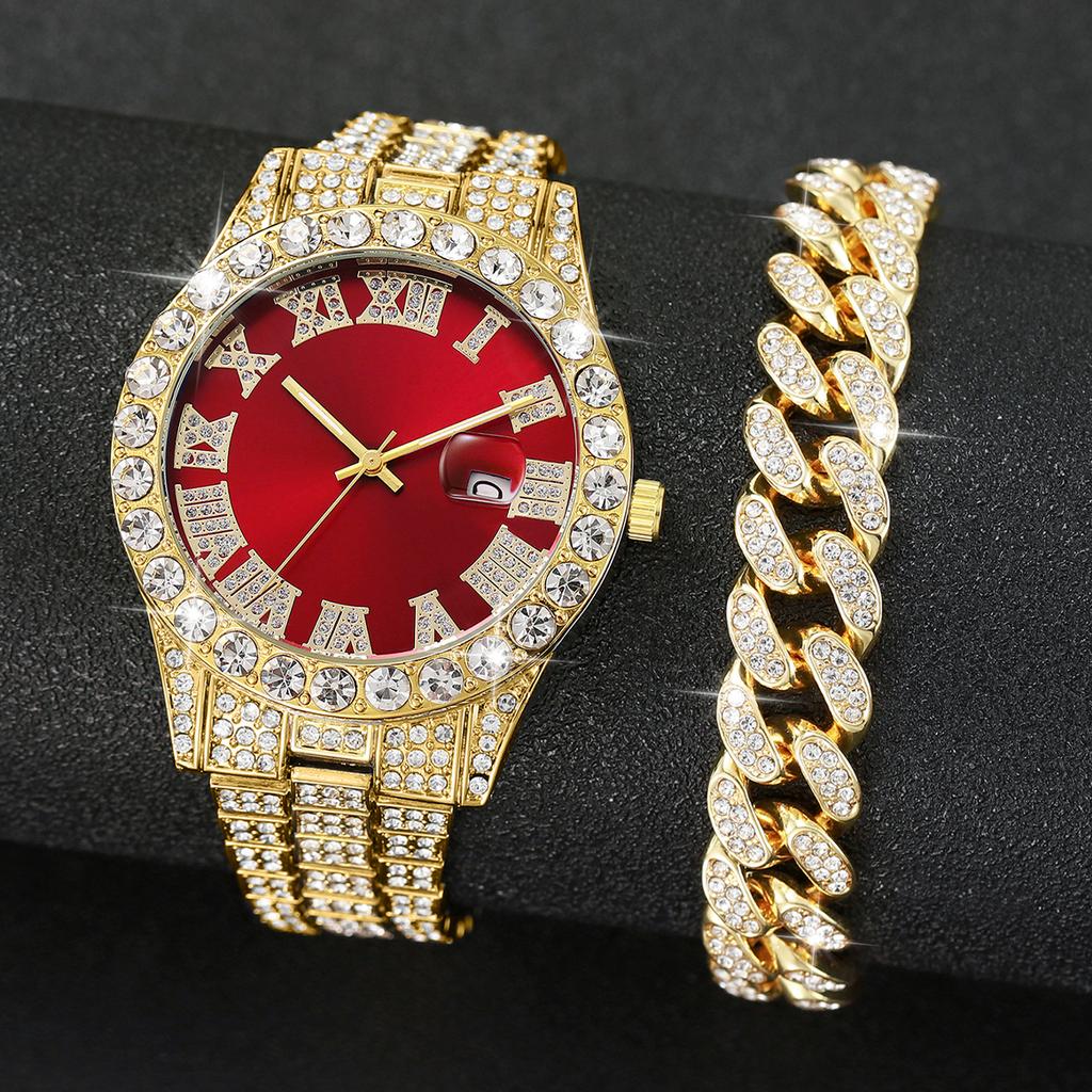 2PCs/Set Fashion Men's Watch Hip Hop Diamond Set Steel Strip Quartz Watch with Luxury Bracelet Set