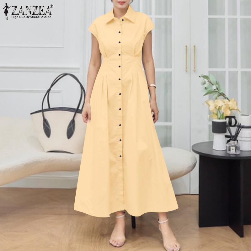 ZANZEA Women Summer Turn Down Collar Casual Sleeveless Long Dress