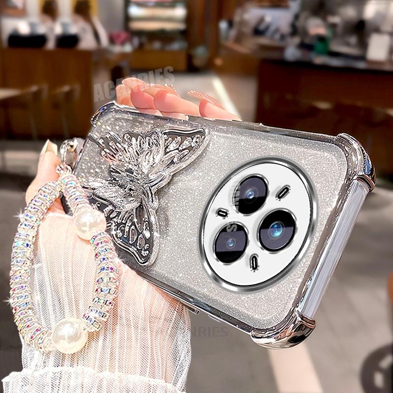 

Realme14pro Шнурок Покрытие Блеск Бабочка Держатель Силиконовый Чехол Для Oppo Realme 14 Pro Plus 14pro Ударопрочная Подставка Задняя Крышка Realme 14 5g