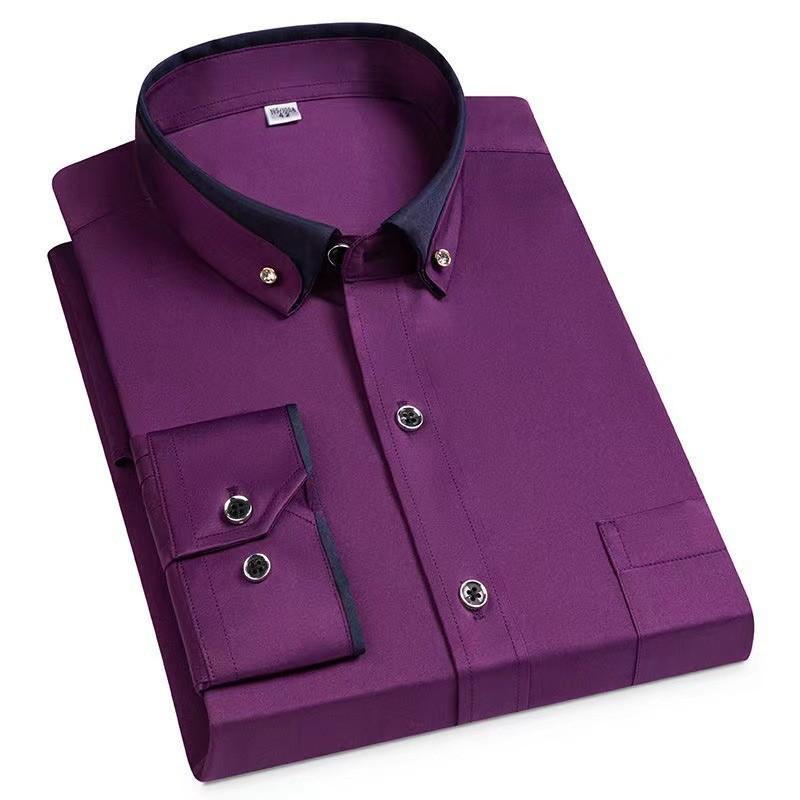 Men's Color-Block Collar Long Sleeve Dress Shirt with Crystal Buttons, Lapel Collar, Fashionable Business Casual Cardigan, Wrinkle-Free Stretch Shirt