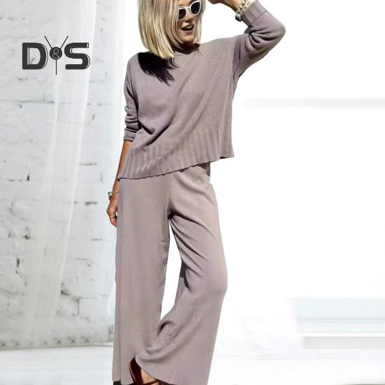 2 шт./комплект женский топ брюки костюм круглый вырез длинный рукав трикотажный — фото 9