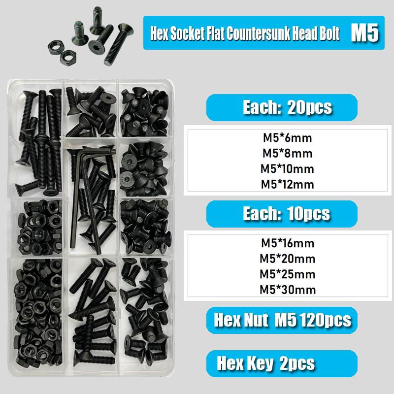 Countersunk Flat Head Hex Bolt Nut Set Kit M2 M3 M4 M5 M6 Black Grade 10.9 Steel Hex Hexagon Socket Countersunk Head Allen Screw