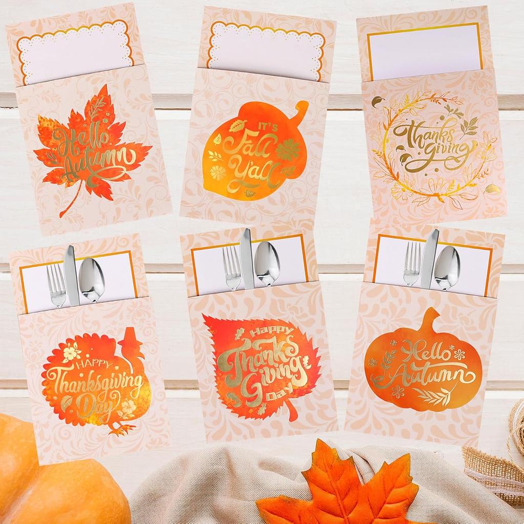 FOIMAS Thanksgiving Cutlery Holder,24 Pack Pumpkin Turkey Cutlery Utensil Holders for Fall Thanksgiving Harvest Party Dinner Table Decoration Supply