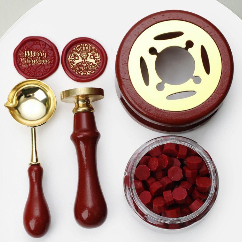 Solid Wood Wax Seal Set Vintage with Handle Wax Bead Melting Heater with Spoon Heating Stove Wax Melting Furnace for 2/3 Pcs