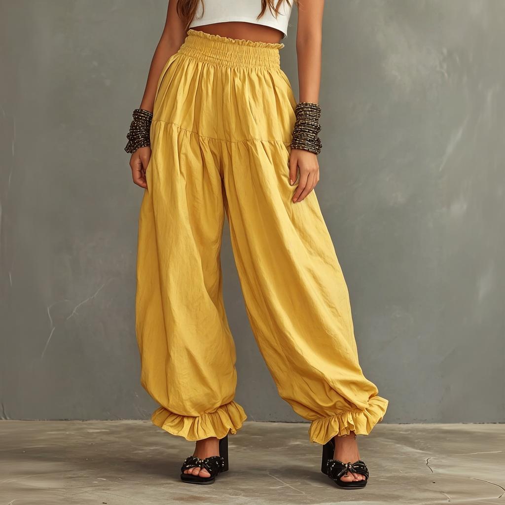 Women's Casual Lantern Pants High Waist Wide Leg Ruffle Hem Loose Fit Long Trousers Summer Lightweight Comfortable Design