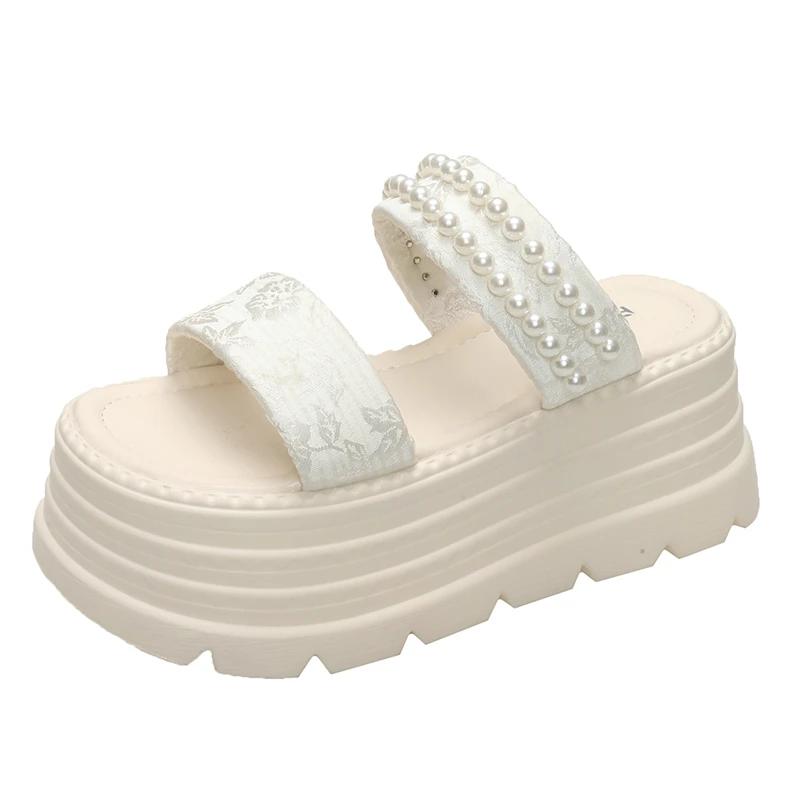 

Fashion 8CM Women s Pearl Strap Chunky Sandals Summer Pink Thick Bottom Wedge Slippers Woman Fashion Lace Platform Slides Shoes Mujer 34 бежевый