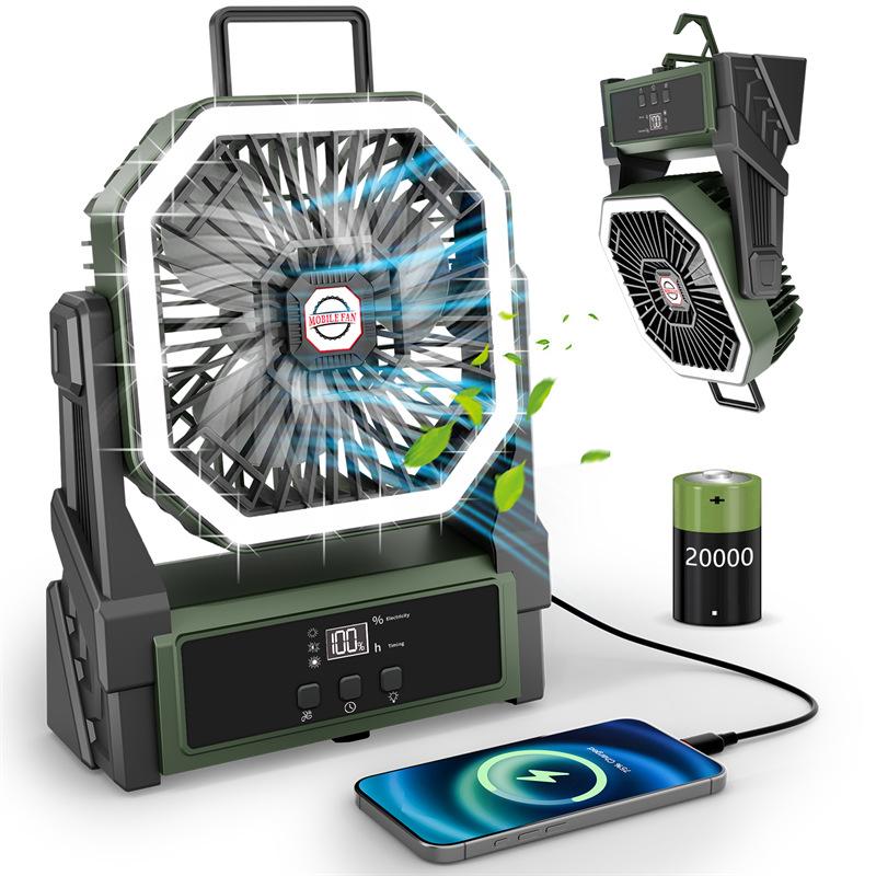Camping fan, rechargeable, powered by a 20000mAh battery, with LED light, 4 speed settings, 180° adjustable зелёный