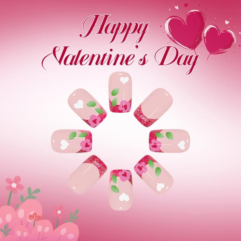 24Pcs Valentines Glitters Sparkling Heart French False Nail Short Square Press On Nail Pink Blush Flame Design Easy Application Multiple Sizes