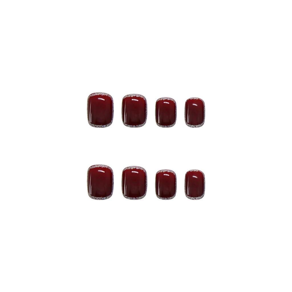 Burgundy Glitter Press-On Nails - Removable Pure Desire Nail Art Patches, Internet Celebrity Style, Simple Short Nails.