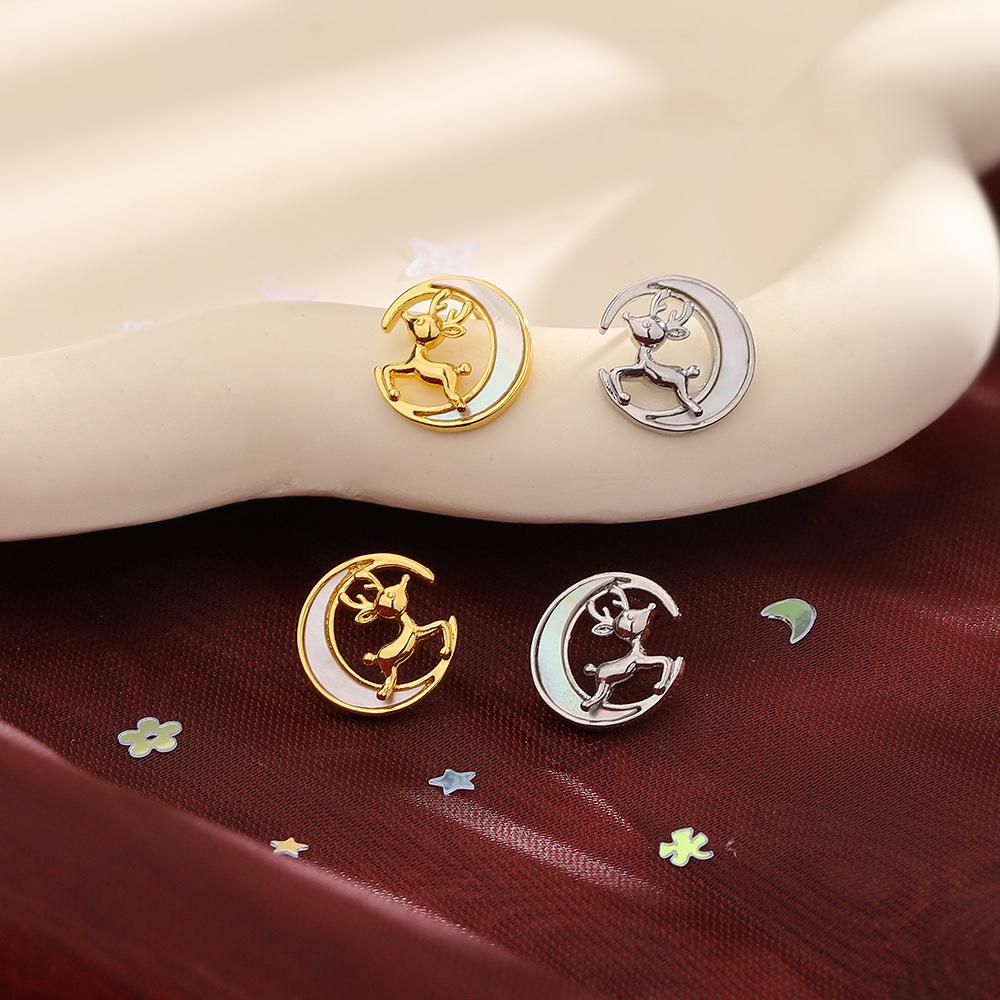 Christmas Reindeer Moon Stud Earrings: Women's Korean Simple Fashion, White Shell Design - Perfect Holiday Gift