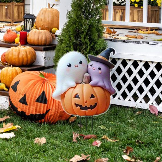 Halloween Pumpkin Ghost Yard Sign Decoration Metal Stake Outdoor Fall Yard Ornament Horror-themed Home Decor