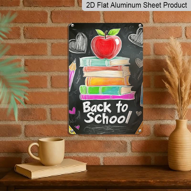 2D Flach, 1 Stück Tafelstil „Back To School“ Metallwandkunst Schild mit Apfel & Bücherstapel - 8*12 Zoll Aluminium Rustikale Klassenzimmerdekoration, Niedliche Hand