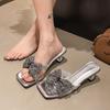 Fashion Bling Bow High Heels Women Sandals Square Toe Slippers Woman Shoes Summer 2025 Brand New Chunky Shoes Flip Flops Sexy Pumps
