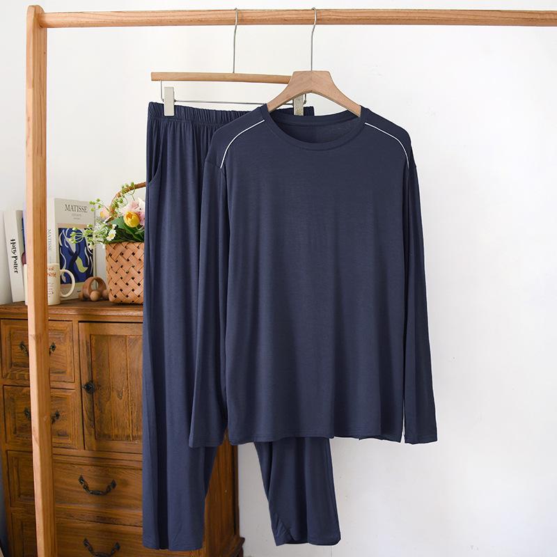 Men’s Casual Modal Pajamas Set: Long Sleeve & Pants with Pockets, Loose Fit, Plus Size, Perfect for Spring and Autumn