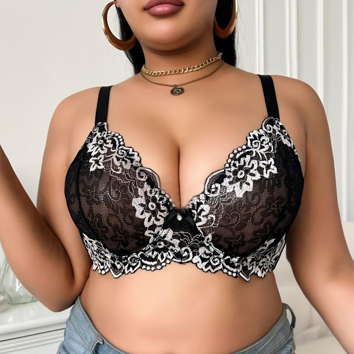 

Сексуальный бюстгальтер с глубоким V-образным вырезом, вышивкой, пуш-ап, с боковой поддержкой, тонкое белье 95D чёрный