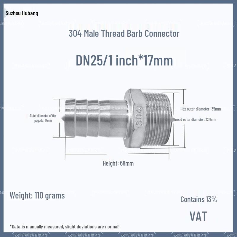 1" Hexagonal Barb Connector, 304 Stainless Steel for Water Pipe Hose, 316 Male Thread Plug