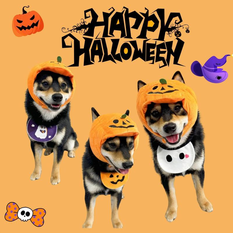 Halloween Pet Costume Set Cute Pumpkin Ghost Style Cat Dog Pet Clothing Hat With Pet Bib Scarf  Pet Accessories Festival Gift