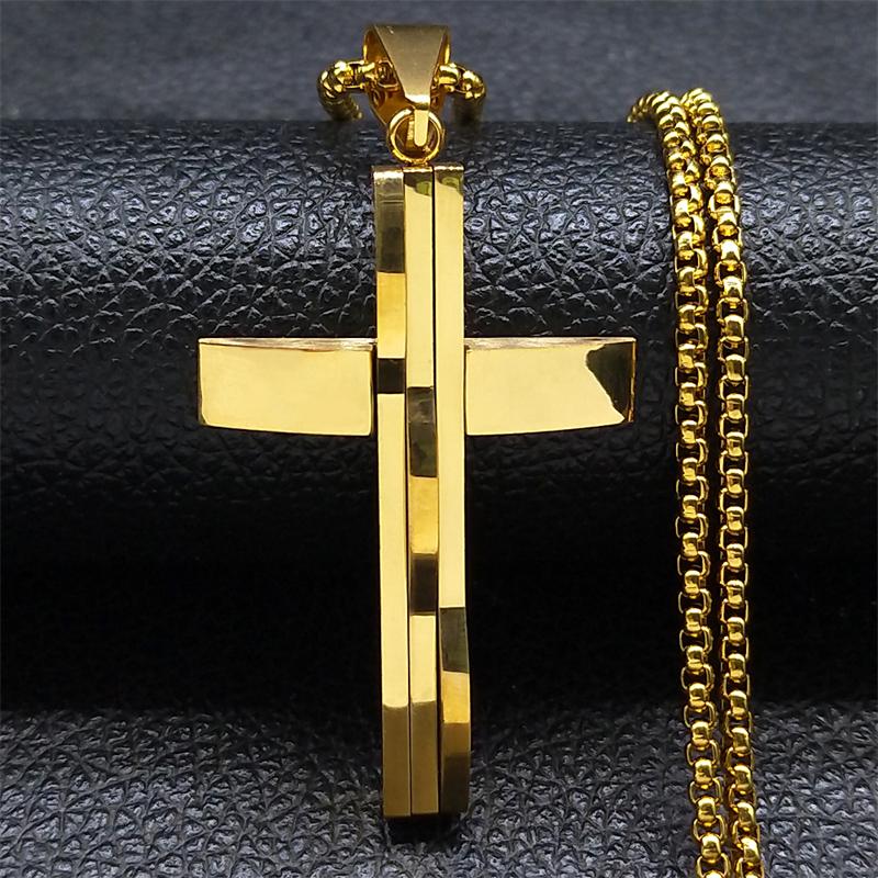 Male Punk Cross Pendant Necklace for Women Men Stainless Steel Gold Color Jesus Chain Biker Boyfriend Gift Jewelry collar