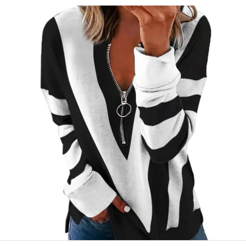 

Осенне-зимние блузки рубашки женские на молнии с V-образным вырезом в полоску рубашки свободные топы с длинным рукавом модная женская футболка уличная одежда XL