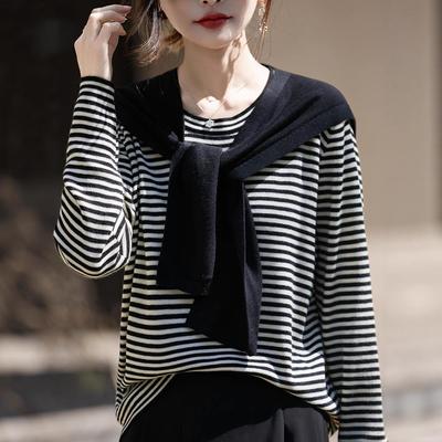 Koreański Sweter Retro z Paskami i Szalowym Dekoltem - Damski Dzianinowy Model Wyszczuplający Plus Size na Jesień i Zimę