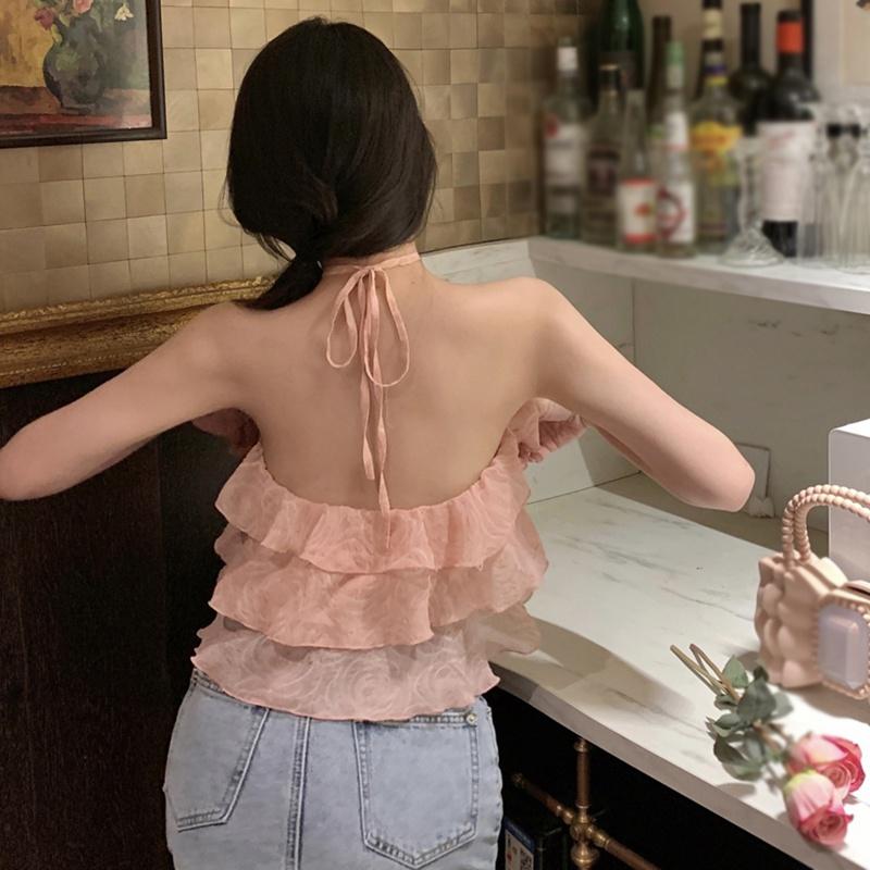 Dámský top květinové halenky Volánky Bandáž Košile Slim Crop Tops bez zad