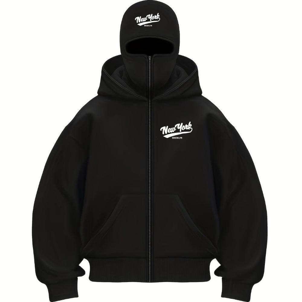 Men's Black Double Zipper Sweatshirt, Berlin Graphic Loose Street Hip-hop Hoodie Full Zipper Urban Fashion Hoodie Pullover Jacket