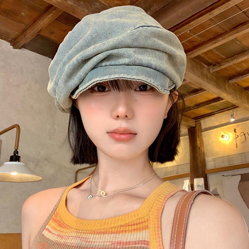 

Japanese-style artistic washed denim niche design beret for women, versatile, face-slimming, sun-shading, sun-protective, trendy octagonal hat M（56-58cm）