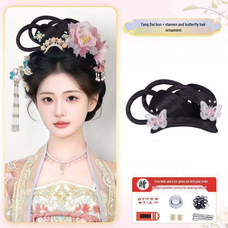 Hanfu Soft Bottom Wig with Tang & Ming Style Hair Bun Headdress for Performance