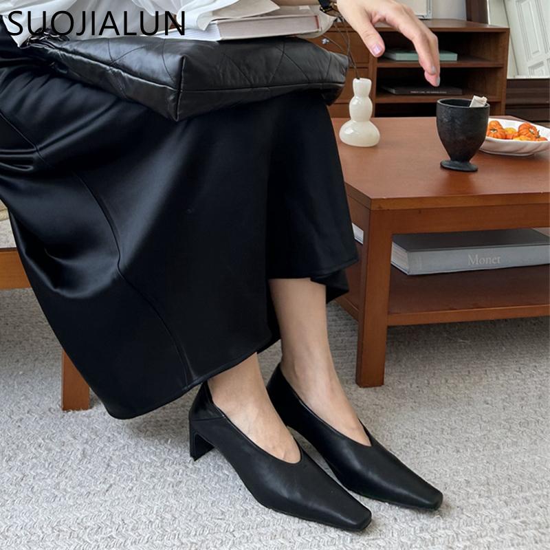 Fashion SUOJIALUN Autumn Women Pumps Shoes Fashion Shallow Slip On Ladies Eelgant Single Shoes Square High Heel Outdoor Dress Pumps
