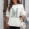 Women's Fashionable Round Neck Long Sleeved Loose Letter Embroidered Pullover Hoodie Top