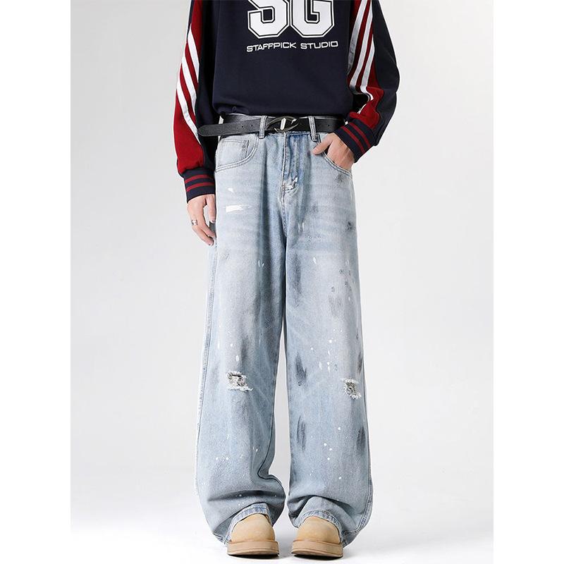 Minger | American High Street Trendy Brand Ink Splashing Ripped Jeans Men's Trendy Versatile Loose Straight Blue Pants