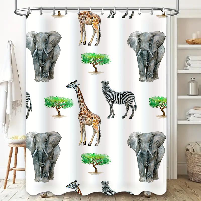 Animal Friends: Cute Safari Animal Shower Curtain Set With Green Trees Perfect For Your Bathroom Decor